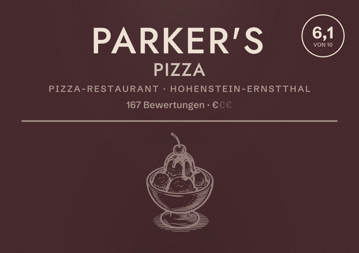 Illustriertes Poster von Parker's Pizza, Pizza-Restaurant in Hohenstein-Ernstthal: Bewertung 6,1 von 10 aus 167 Bewertungen, Preisniveau €