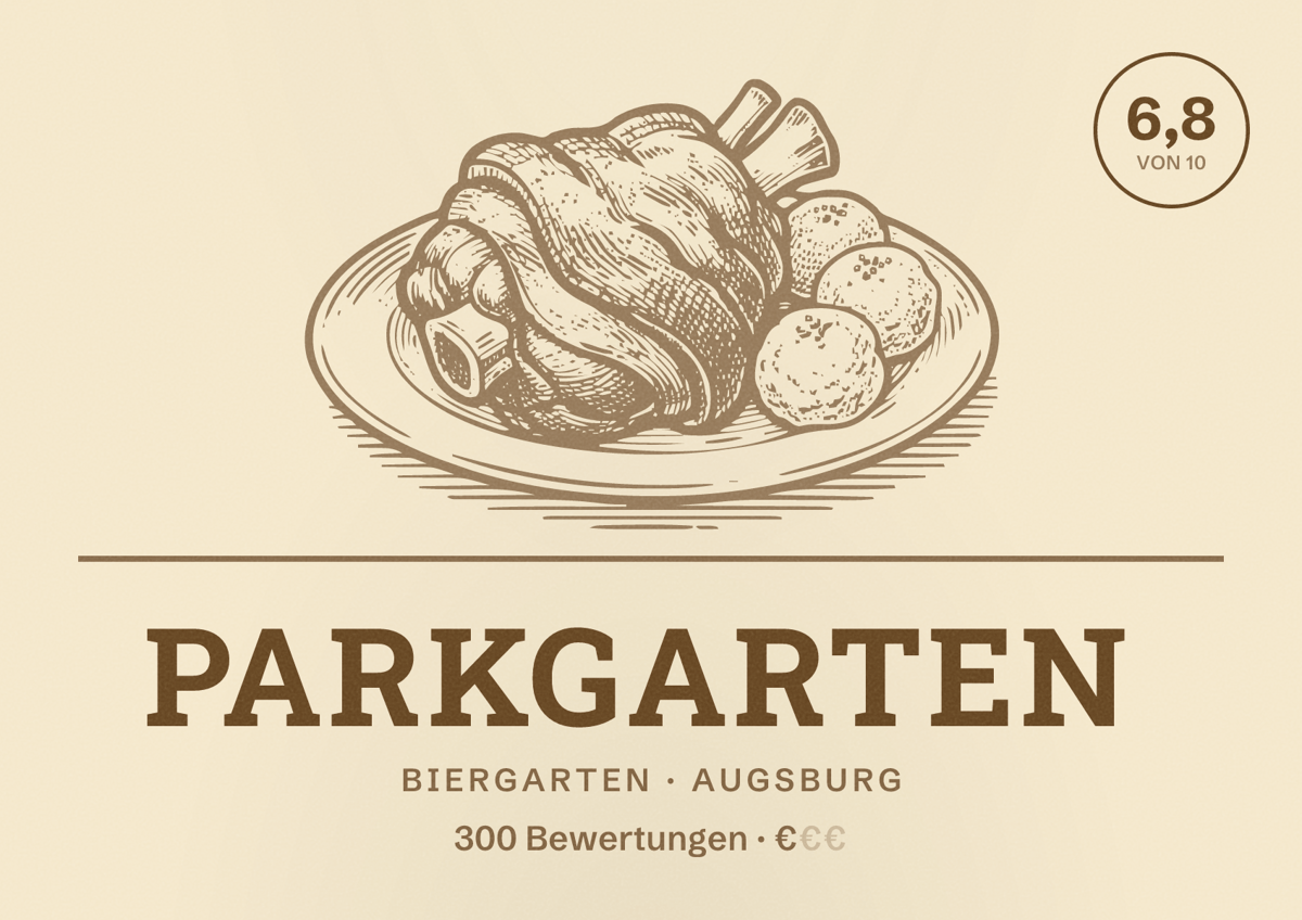 Illustriertes Poster von Parkgarten, Biergarten in Augsburg: Bewertung 6,8 von 10 aus 300 Bewertungen, Preisniveau €
