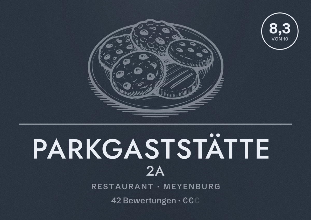 Illustriertes Poster von parkgaststätte 2A, Restaurant in Meyenburg: Bewertung 8,3 von 10 aus 42 Bewertungen, Preisniveau €€