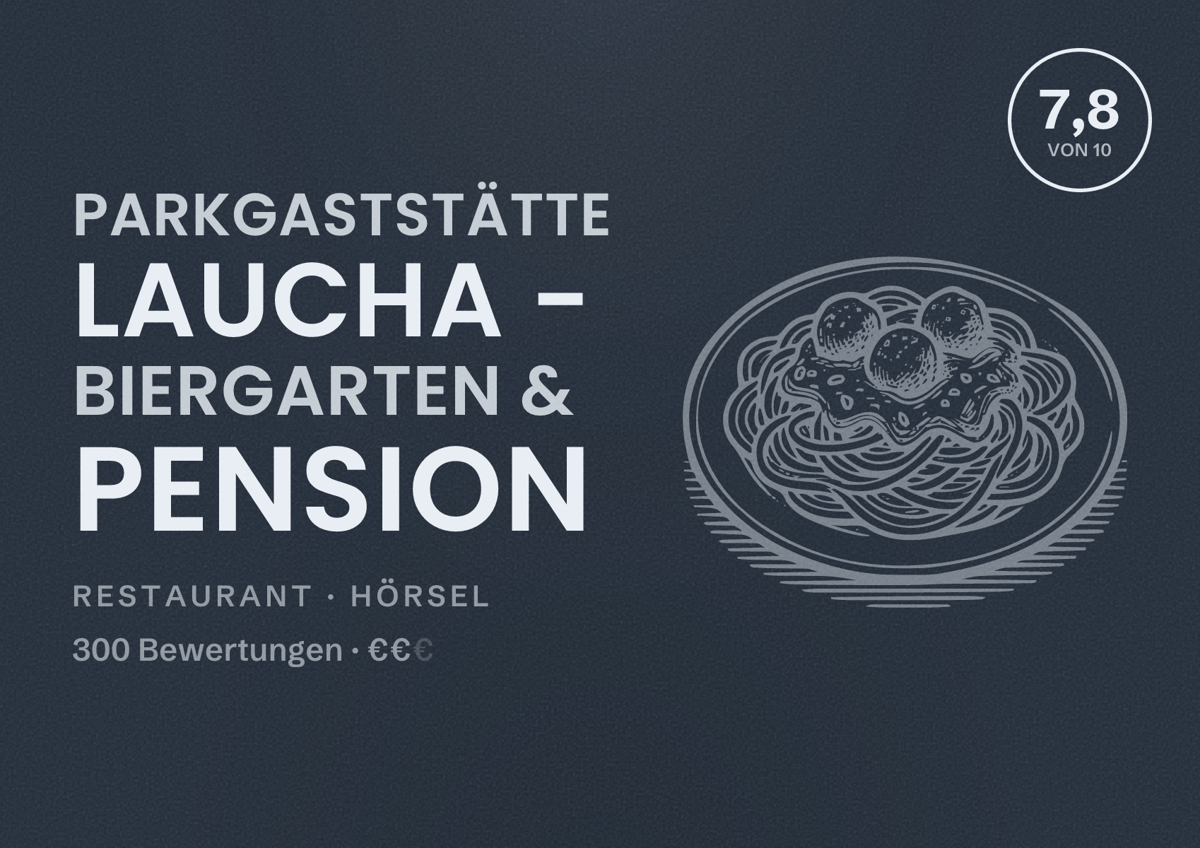 Illustriertes Poster von Parkgaststätte Laucha - Biergarten & Pension, Restaurant in Hörsel: Bewertung 7,8 von 10 aus 300 Bewertungen, Preisniveau €€