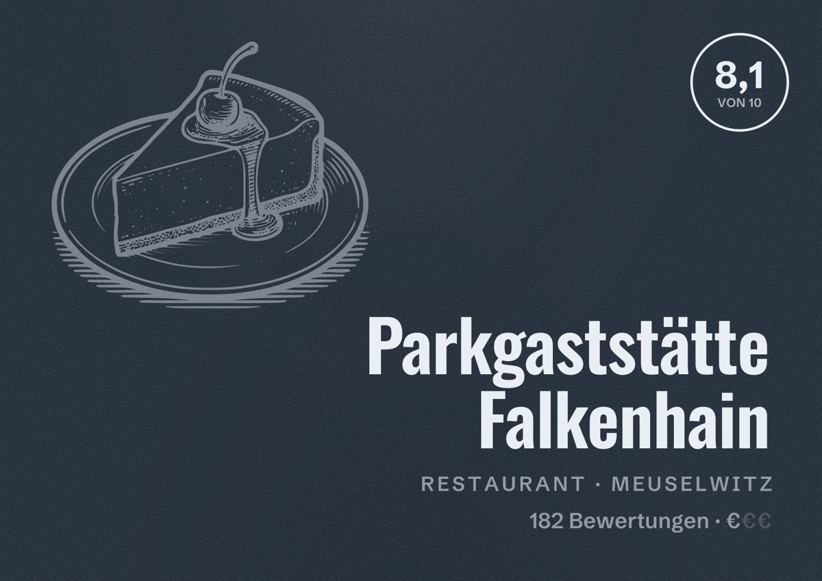 Illustriertes Poster von Parkgaststätte Falkenhain, Restaurant in Meuselwitz: Bewertung 8,1 von 10 aus 182 Bewertungen, Preisniveau €