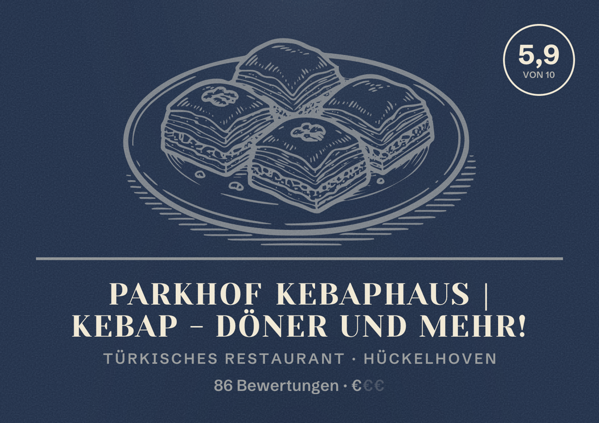 Illustriertes Poster von Parkhof Kebaphaus | Kebap - Döner und Mehr!, Türkisches Restaurant in Hückelhoven: Bewertung 5,9 von 10 aus 86 Bewertungen, Preisniveau €