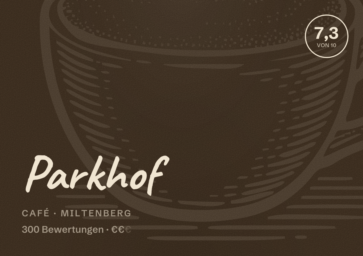 Illustriertes Poster von Parkhof, Café in Miltenberg: Bewertung 7,3 von 10 aus 300 Bewertungen, Preisniveau €€