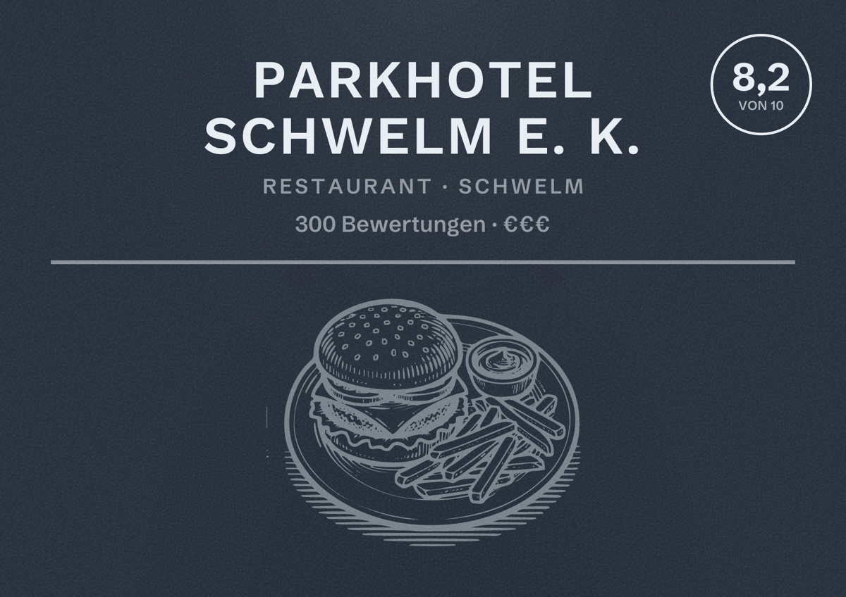 Illustriertes Poster von Parkhotel Schwelm e. K., Restaurant in Schwelm: Bewertung 8,2 von 10 aus 300 Bewertungen, Preisniveau €€€