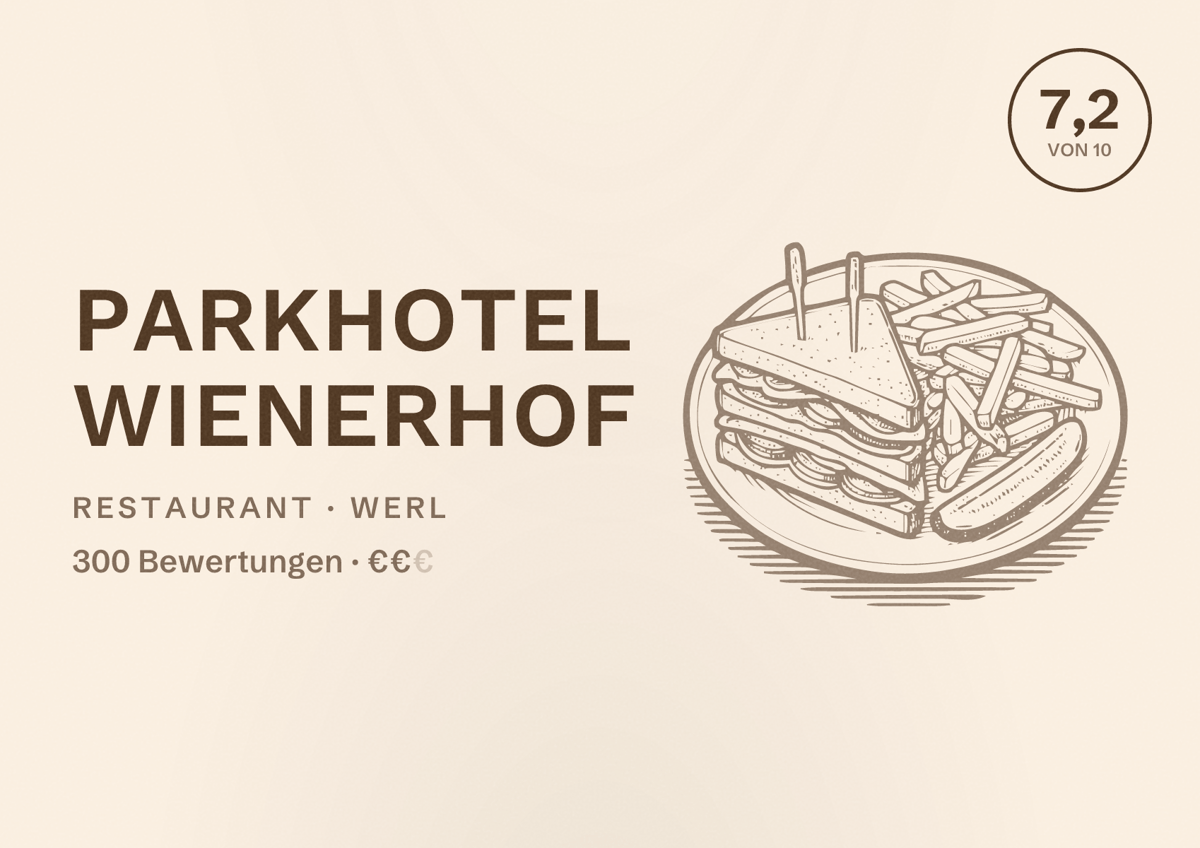 Illustriertes Poster von Parkhotel WienerHof, Restaurant in Werl: Bewertung 7,2 von 10 aus 300 Bewertungen, Preisniveau €€