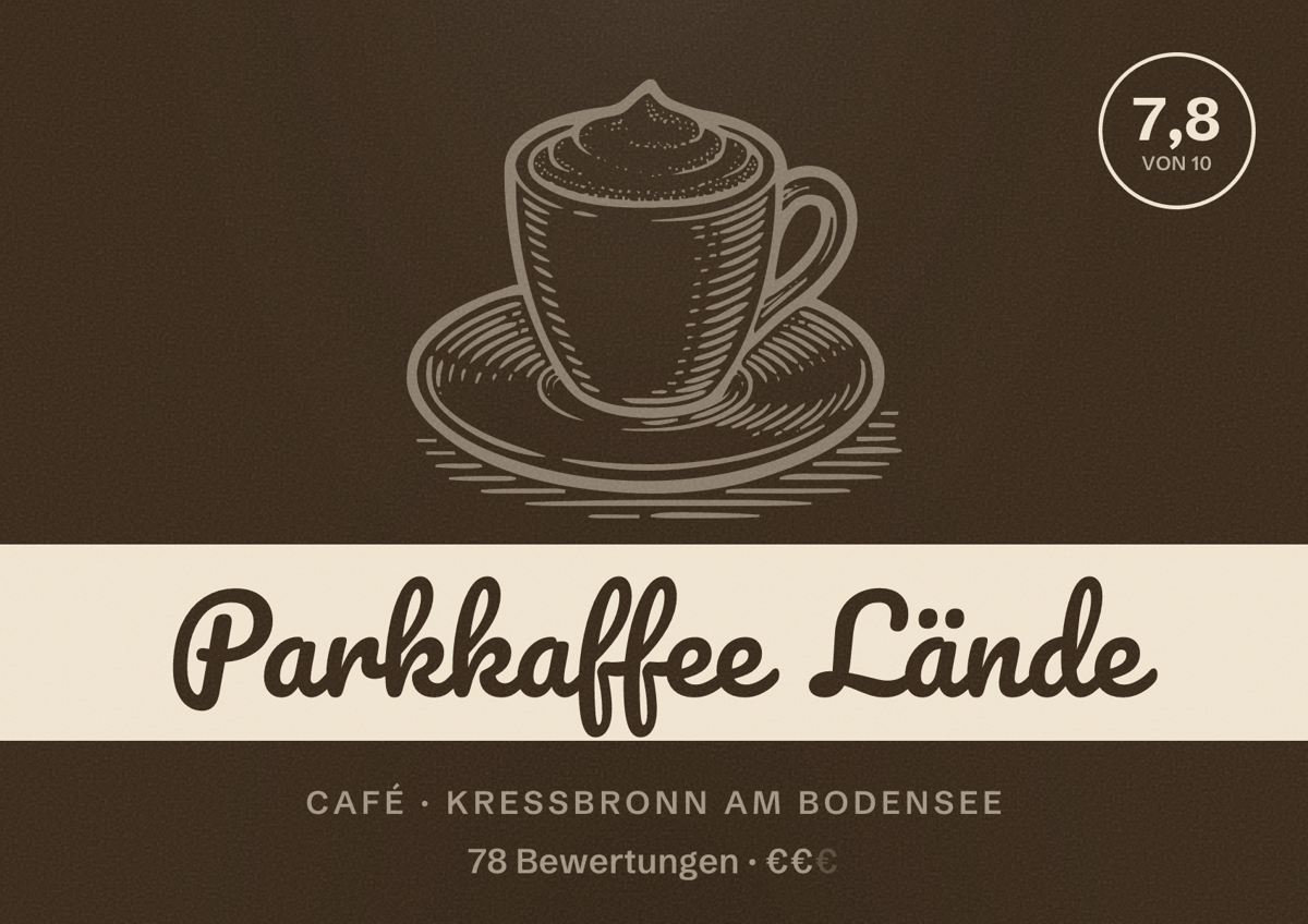 Illustriertes Poster von Parkkaffee Lände, Café in Kressbronn am Bodensee: Bewertung 7,8 von 10 aus 78 Bewertungen, Preisniveau €€