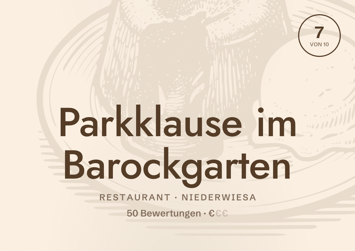 Illustriertes Poster von Parkklause im Barockgarten, Restaurant in Niederwiesa: Bewertung 7 von 10 aus 50 Bewertungen, Preisniveau €