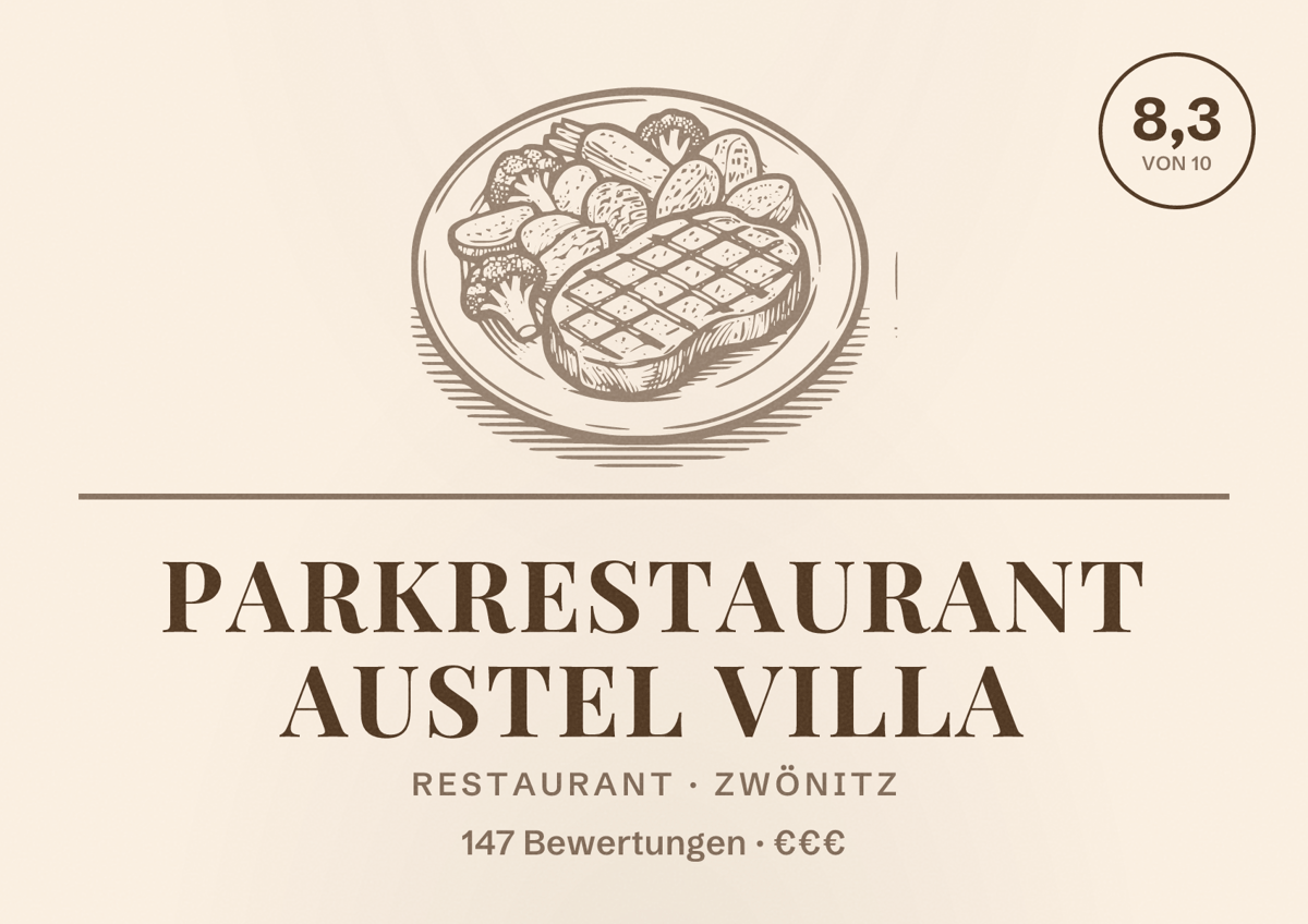 Illustriertes Poster von Parkrestaurant Austel Villa, Restaurant in Zwönitz: Bewertung 8,3 von 10 aus 147 Bewertungen, Preisniveau €€€
