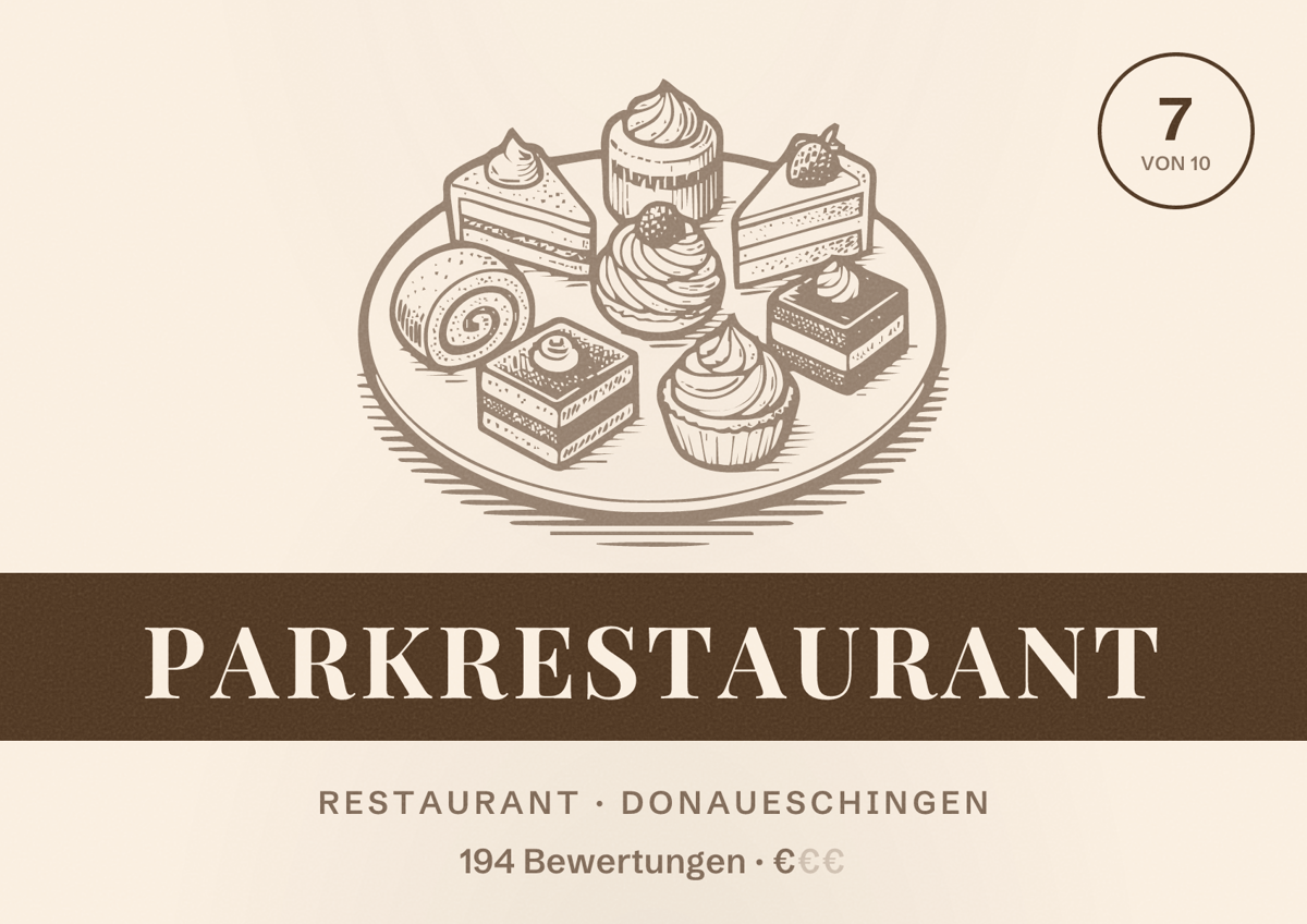 Illustriertes Poster von Parkrestaurant, Restaurant in Donaueschingen: Bewertung 7 von 10 aus 194 Bewertungen, Preisniveau €