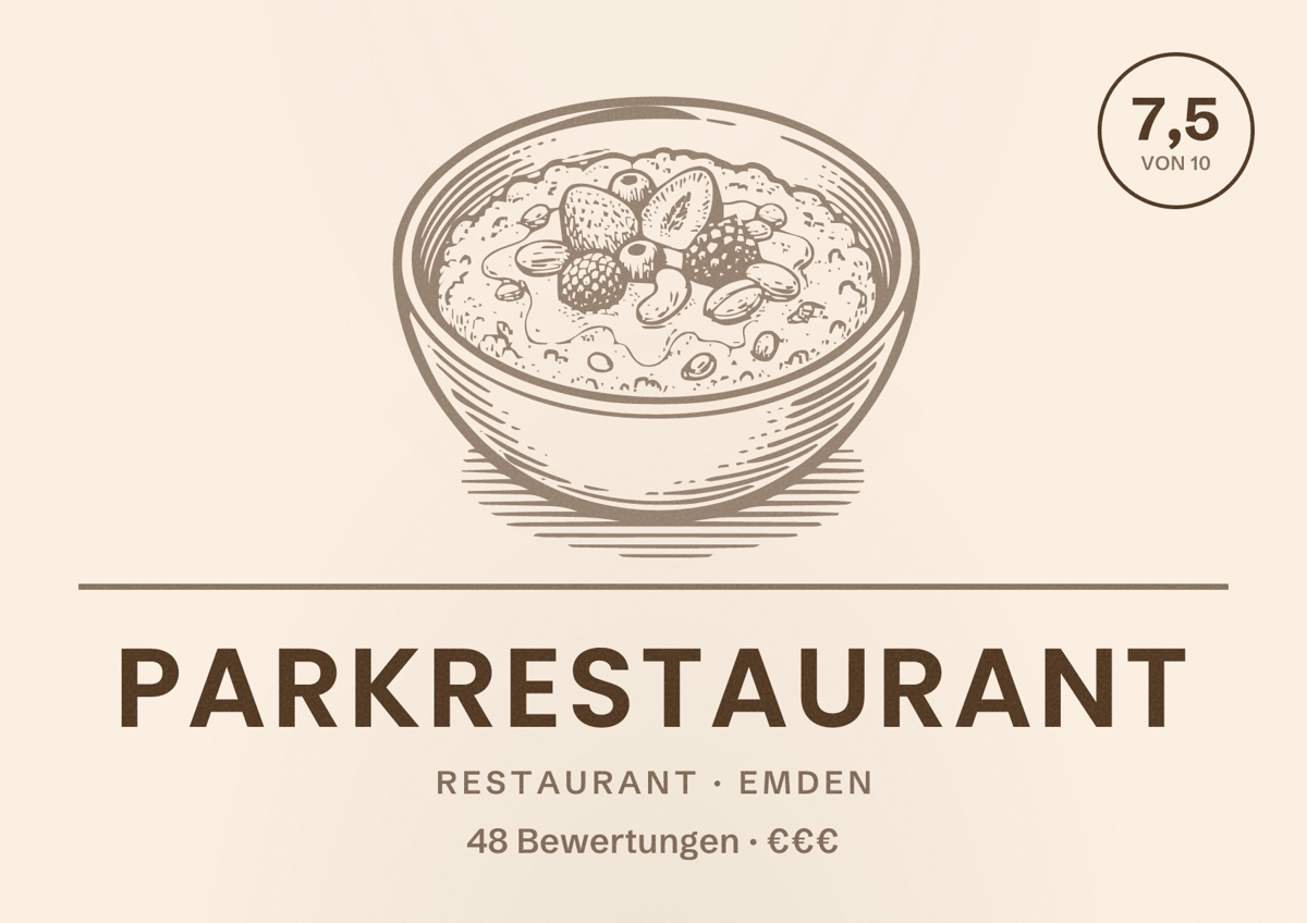 Illustriertes Poster von Parkrestaurant, Restaurant in Emden: Bewertung 7,5 von 10 aus 48 Bewertungen, Preisniveau €€€