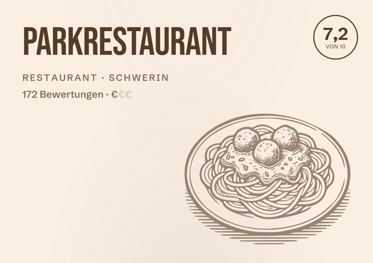 Illustriertes Poster von Parkrestaurant, Restaurant in Schwerin: Bewertung 7,2 von 10 aus 172 Bewertungen, Preisniveau €