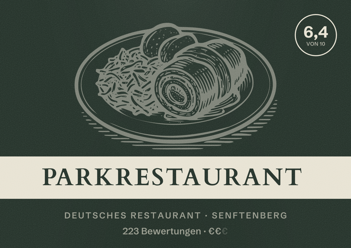 Illustriertes Poster von Parkrestaurant, Deutsches Restaurant in Senftenberg: Bewertung 6,4 von 10 aus 223 Bewertungen, Preisniveau €€