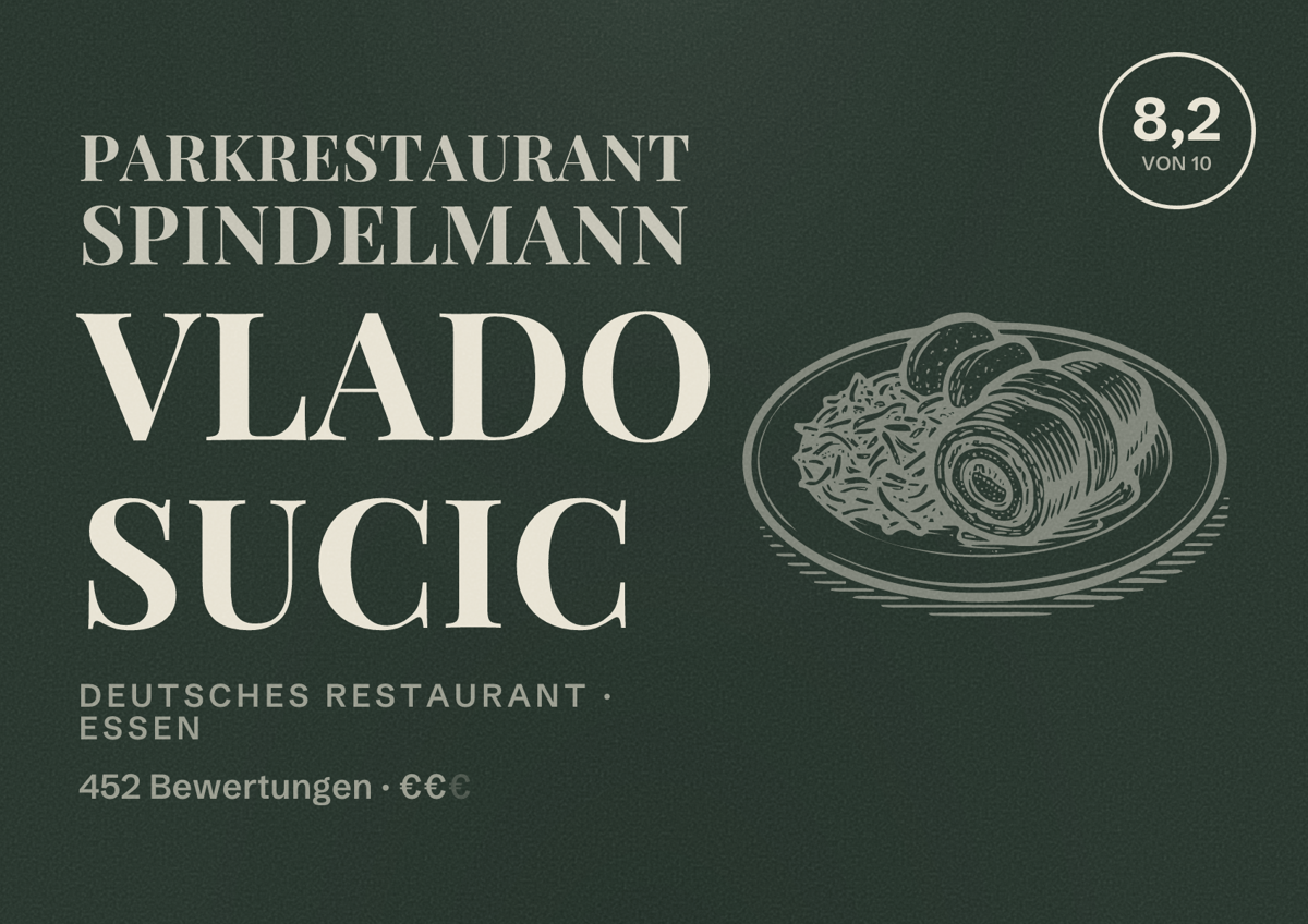 Illustriertes Poster von Parkrestaurant Spindelmann Vlado Sucic, Deutsches Restaurant in Essen: Bewertung 8,2 von 10 aus 452 Bewertungen, Preisniveau €€