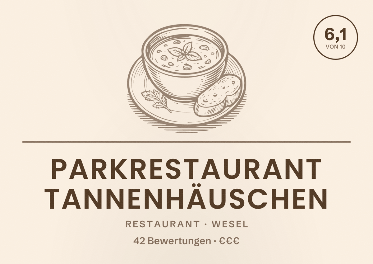 Illustriertes Poster von Parkrestaurant Tannenhäuschen, Restaurant in Wesel: Bewertung 6,1 von 10 aus 42 Bewertungen, Preisniveau €€€