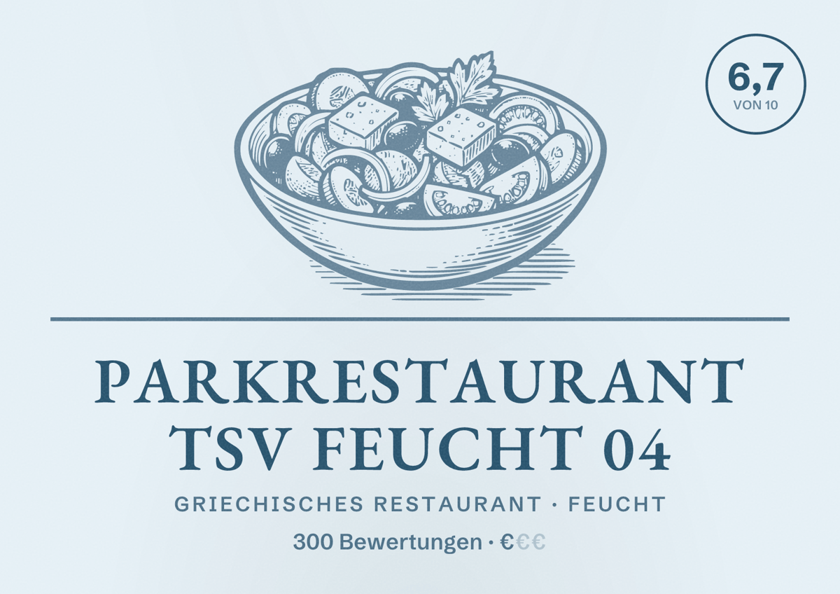 Illustriertes Poster von Parkrestaurant TSV Feucht 04, Griechisches Restaurant in Feucht: Bewertung 6,7 von 10 aus 300 Bewertungen, Preisniveau €