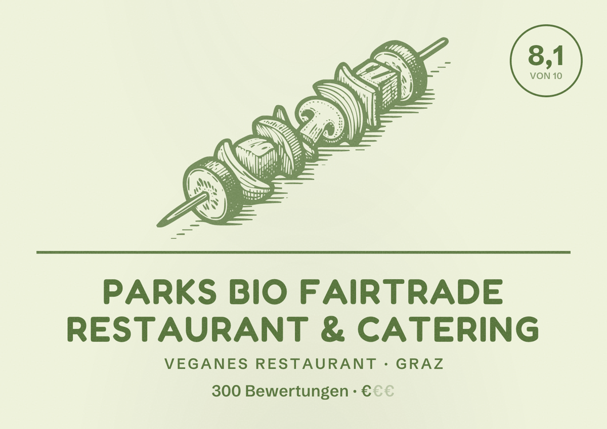 Illustriertes Poster von PARKS Bio Fairtrade Restaurant & Catering, Veganes Restaurant in Graz: Bewertung 8,1 von 10 aus 300 Bewertungen, Preisniveau €