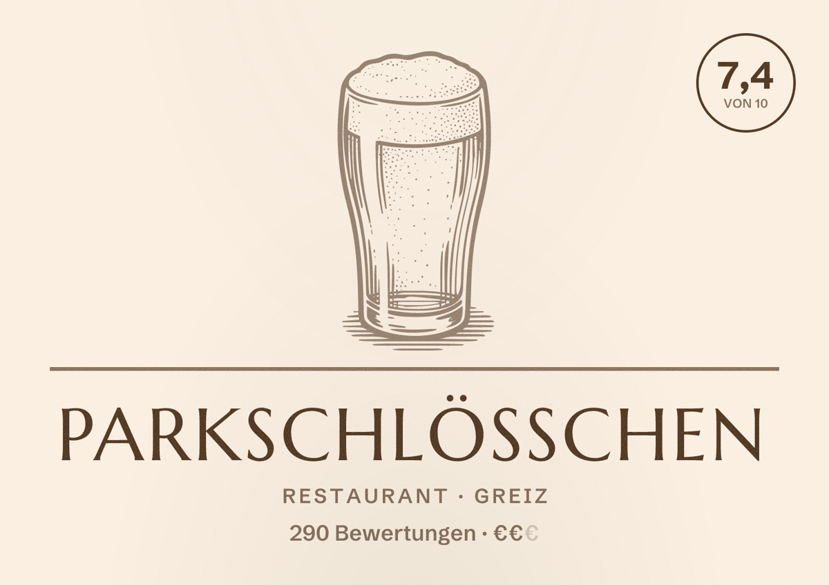 Illustriertes Poster von Parkschlößchen, Restaurant in Greiz: Bewertung 7,4 von 10 aus 290 Bewertungen, Preisniveau €€