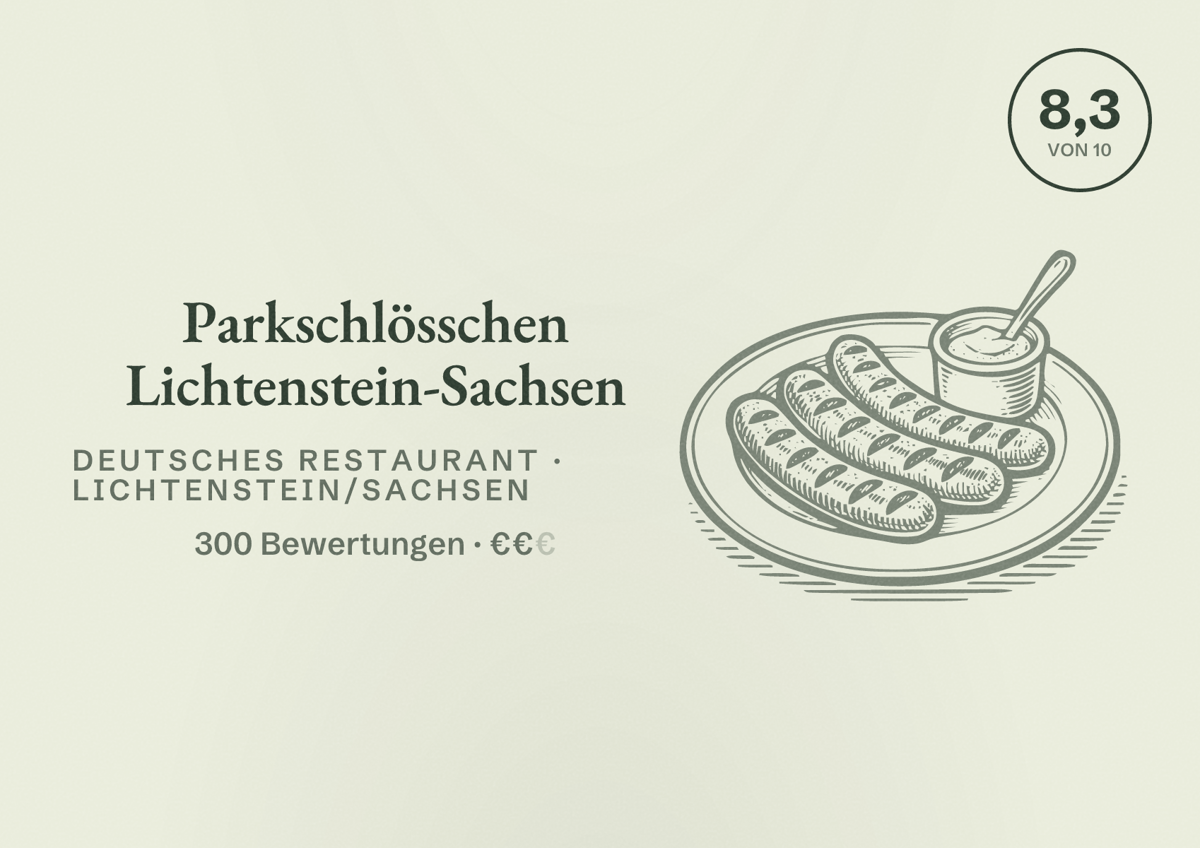 Illustriertes Poster von Parkschlösschen Lichtenstein-Sachsen, Deutsches Restaurant in Lichtenstein/Sachsen: Bewertung 8,3 von 10 aus 300 Bewertungen, Preisniveau €€