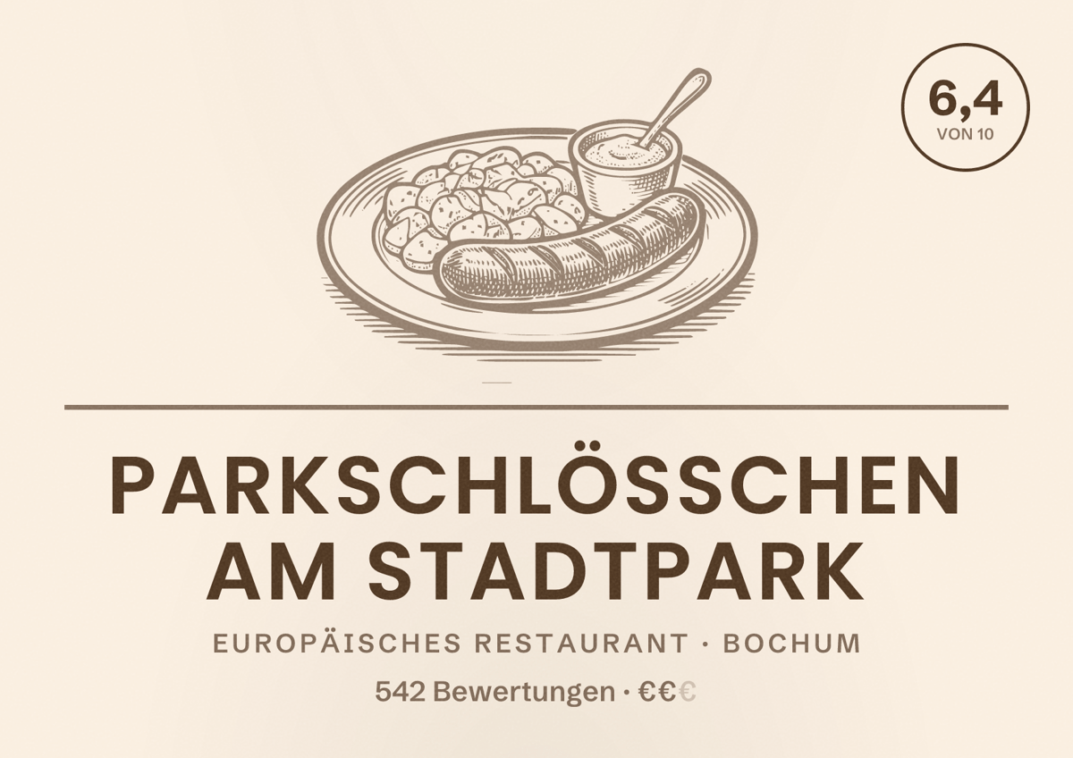 Illustriertes Poster von Parkschlösschen am Stadtpark, Europäisches Restaurant in Bochum: Gästebewertung 6,4 von 10 aus 542 Bewertungen