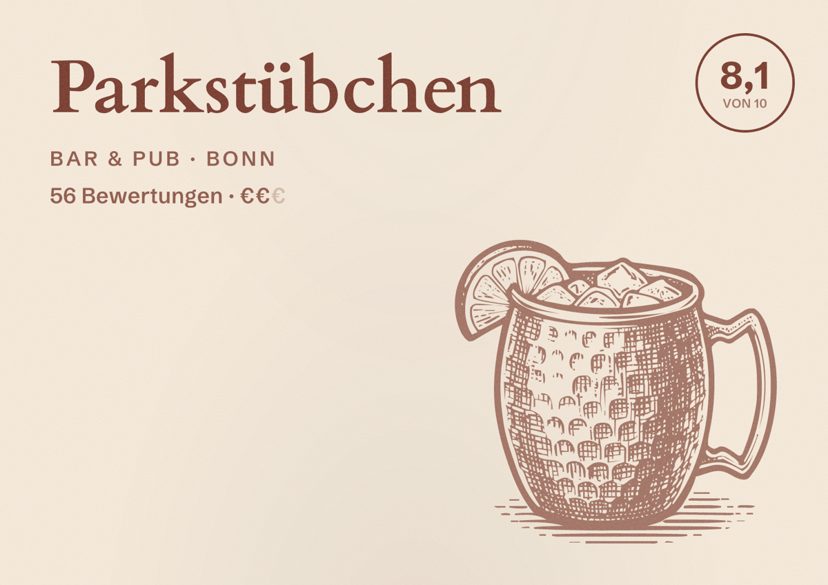 Illustriertes Poster von Parkstübchen, Bar & Pub in Bonn: Bewertung 7,9 von 10 aus 44 Bewertungen, Preisniveau €