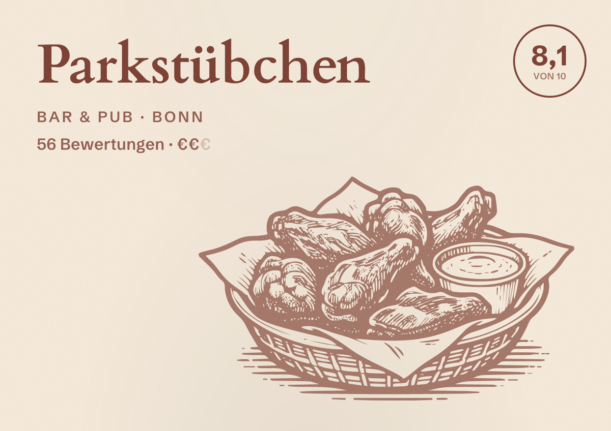 Illustriertes Poster von Parkstübchen, Bar & Pub in Bonn: Bewertung 8,1 von 10 aus 56 Bewertungen, Preisniveau €€