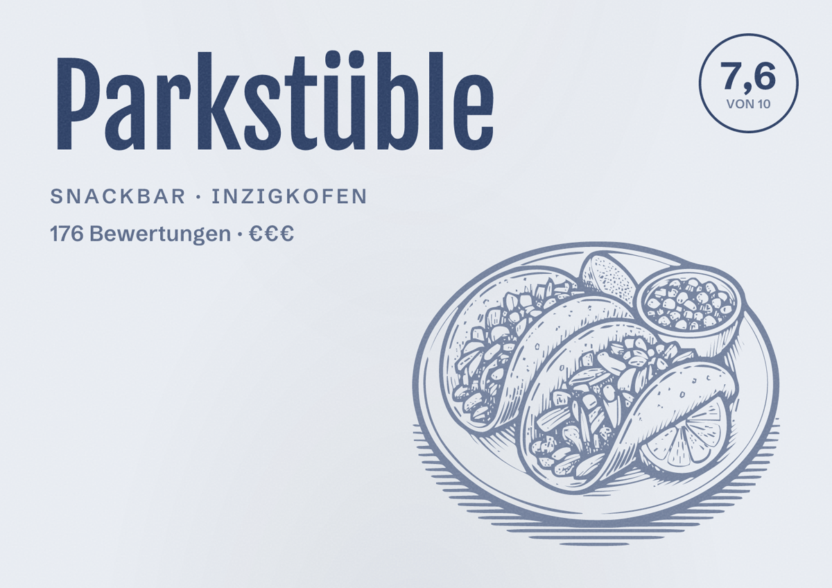 Illustriertes Poster von Parkstüble, Snackbar in Inzigkofen: Bewertung 7,6 von 10 aus 176 Bewertungen, Preisniveau €€€