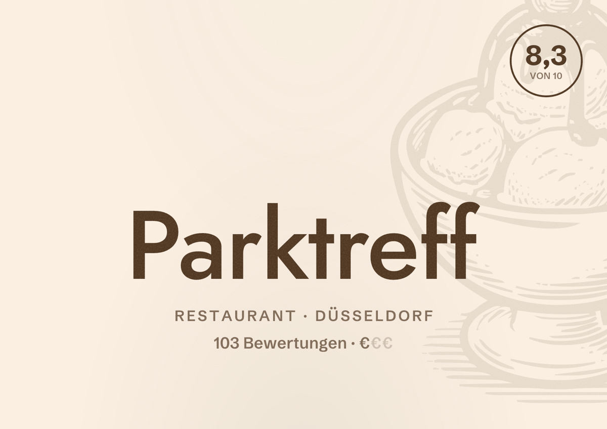 Illustriertes Poster von Parktreff, Restaurant in Düsseldorf: Bewertung 8,3 von 10 aus 103 Bewertungen, Preisniveau €