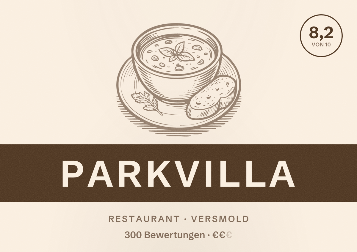 Illustriertes Poster von Parkvilla, Restaurant in Versmold: Bewertung 8,2 von 10 aus 300 Bewertungen, Preisniveau €€