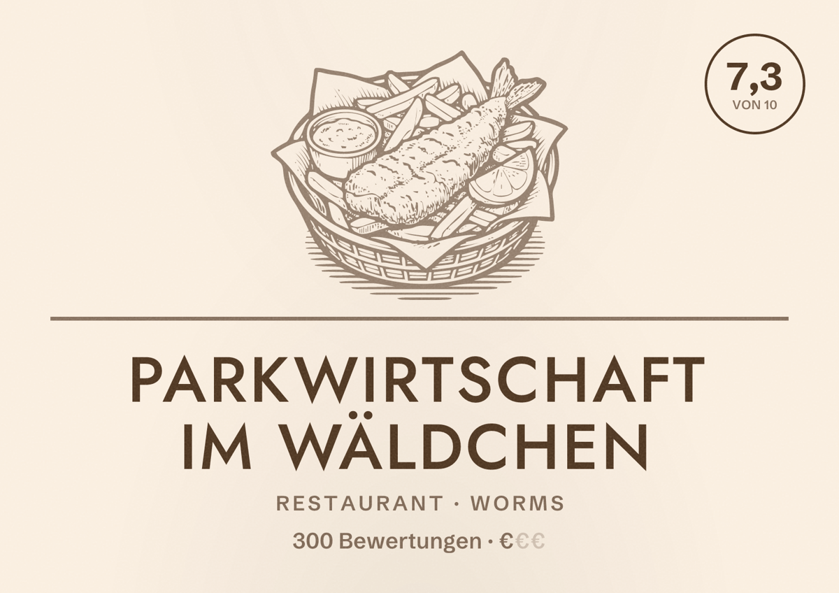 Illustriertes Poster von Parkwirtschaft im Wäldchen, Restaurant in Worms: Bewertung 7,3 von 10 aus 300 Bewertungen, Preisniveau €