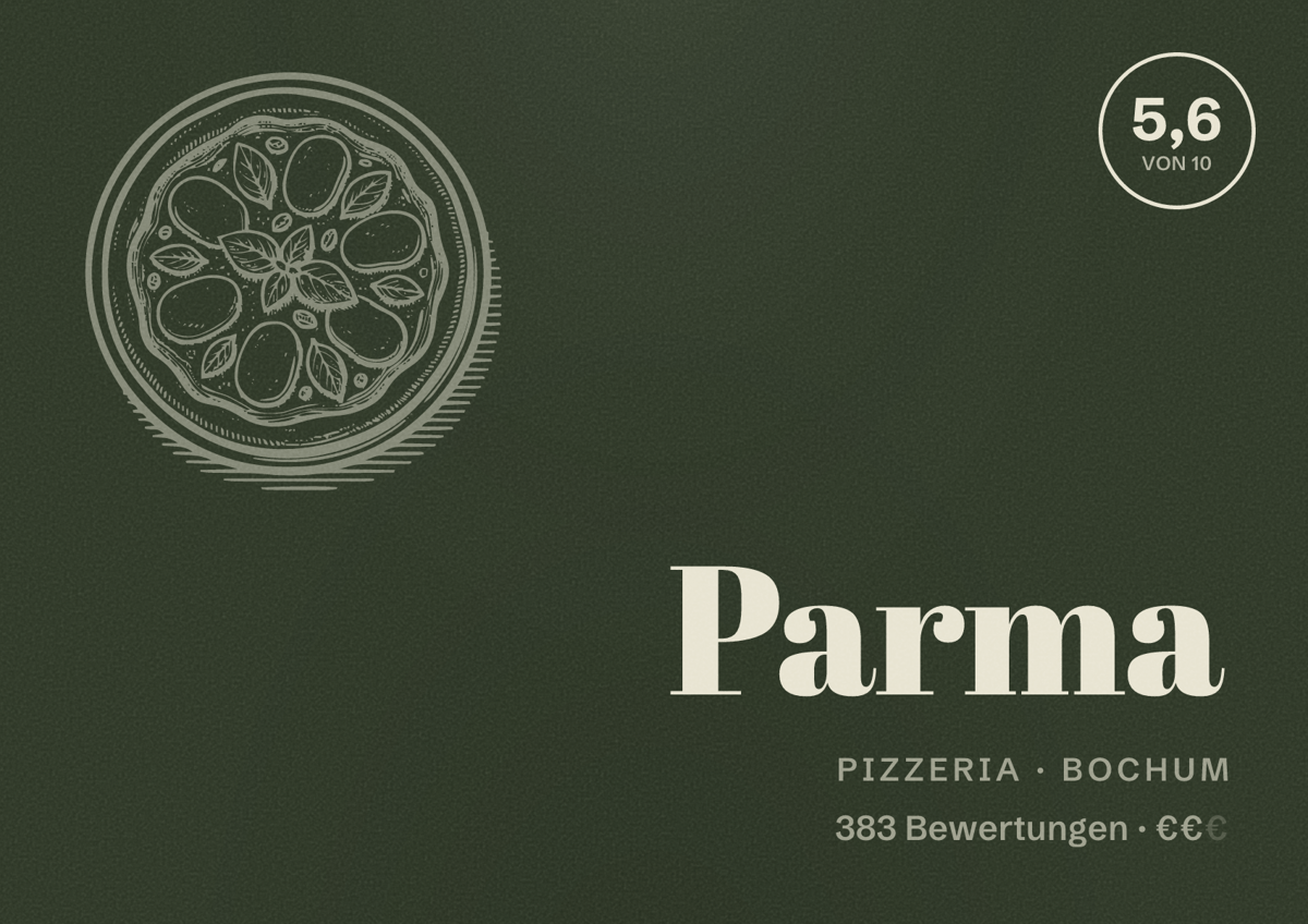 Illustriertes Poster von Parma, Pizzeria in Bochum: Bewertung 5,6 von 10 aus 383 Bewertungen, Preisniveau €€