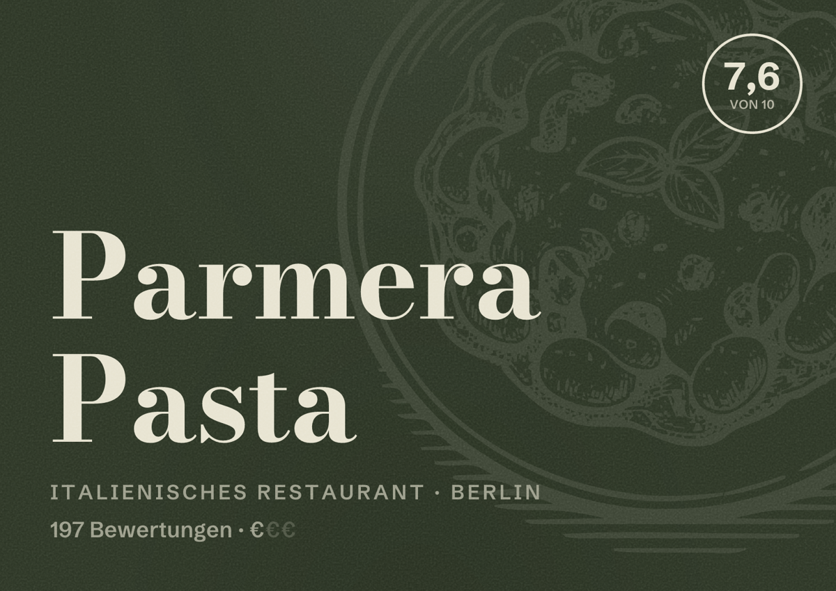Illustriertes Poster von Parmera Pasta, Italienisches Restaurant in Berlin: Bewertung 7,6 von 10 aus 197 Bewertungen, Preisniveau €