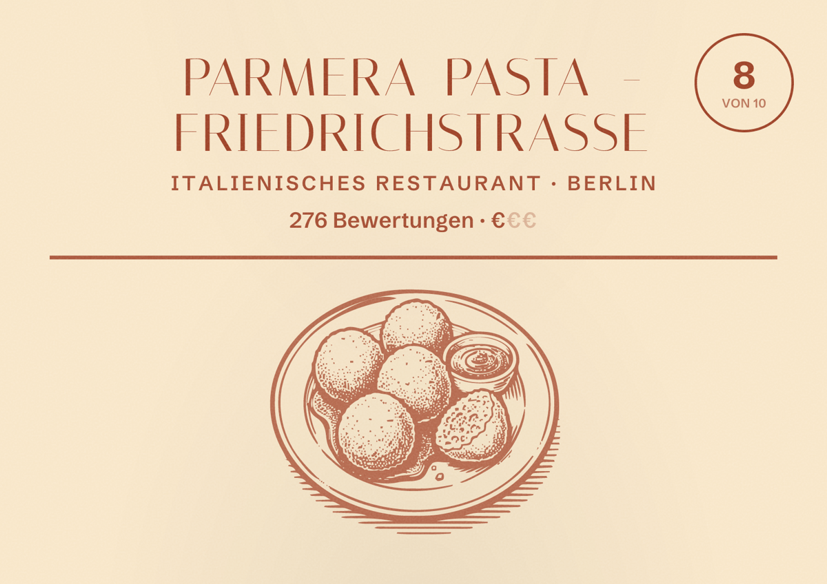 Illustriertes Poster von Parmera Pasta - Friedrichstraße, Italienisches Restaurant in Berlin: Bewertung 8,0 von 10 aus 276 Bewertungen, Preisniveau €