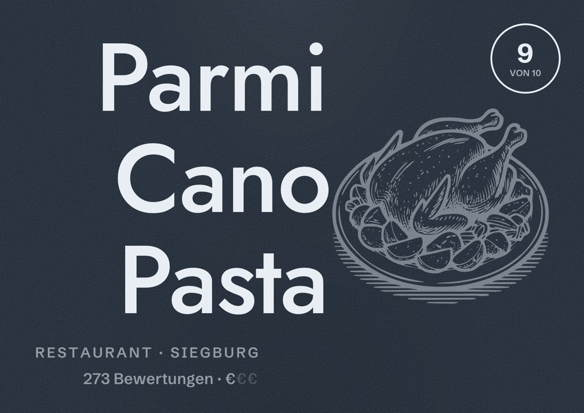 Illustriertes Poster von Parmi Cano Pasta, Restaurant in Siegburg: Bewertung 9 von 10 aus 273 Bewertungen, Preisniveau €