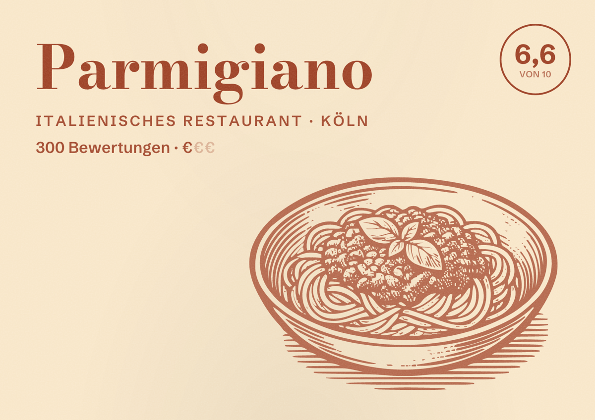 Illustriertes Poster von Parmigiano, Italienisches Restaurant in Köln: Bewertung 6,6 von 10 aus 300 Bewertungen, Preisniveau €