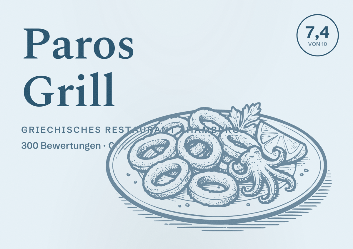 Illustriertes Poster von Paros Grill, Griechisches Restaurant in Hamburg: Bewertung 7,4 von 10 aus 300 Bewertungen, Preisniveau €