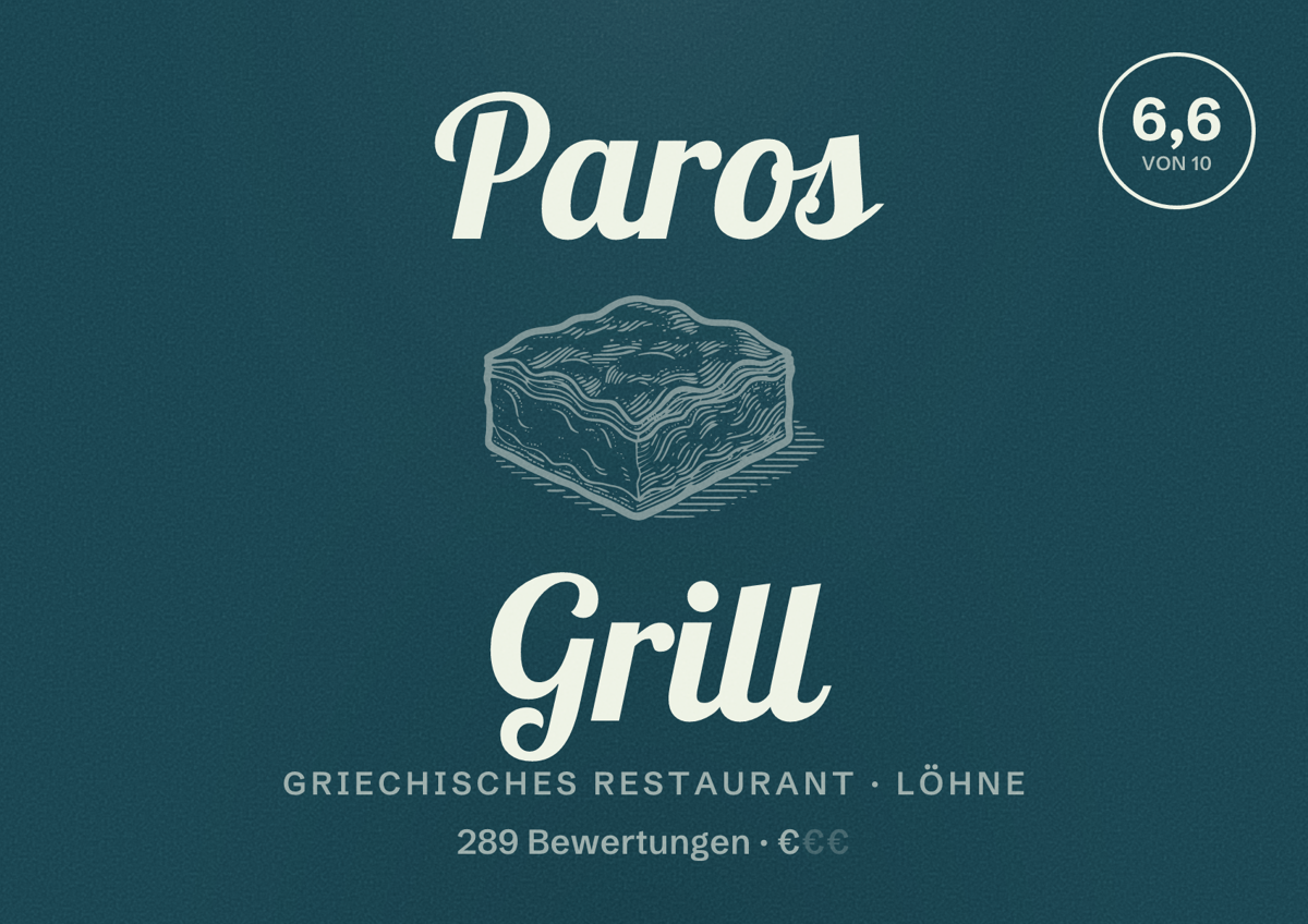Illustriertes Poster von Paros Grill, Griechisches Restaurant in Löhne: Bewertung 6,6 von 10 aus 289 Bewertungen, Preisniveau €