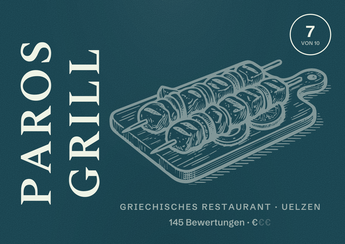 Illustriertes Poster von Paros Grill, Griechisches Restaurant in Uelzen: Bewertung 7 von 10 aus 145 Bewertungen, Preisniveau €