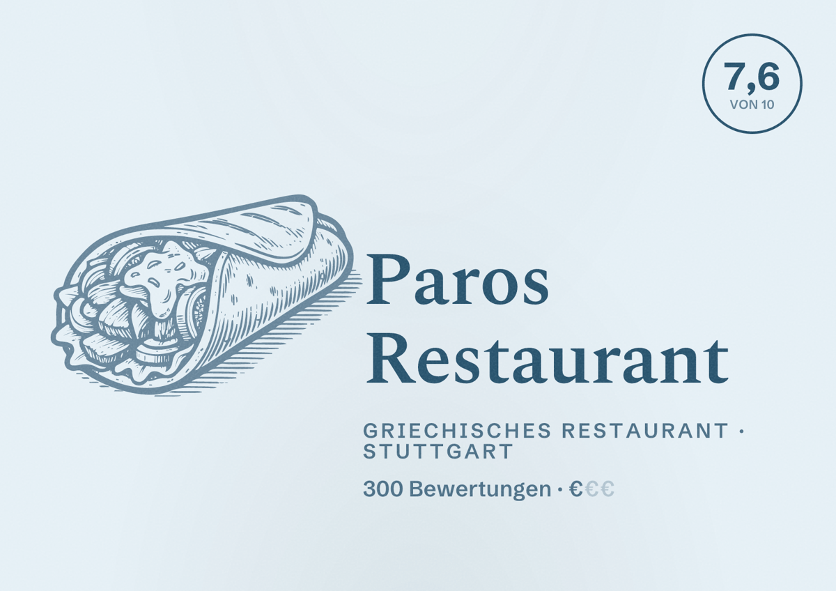 Illustriertes Poster von Paros Restaurant, Griechisches Restaurant in Stuttgart: Bewertung 7,6 von 10 aus 300 Bewertungen, Preisniveau €