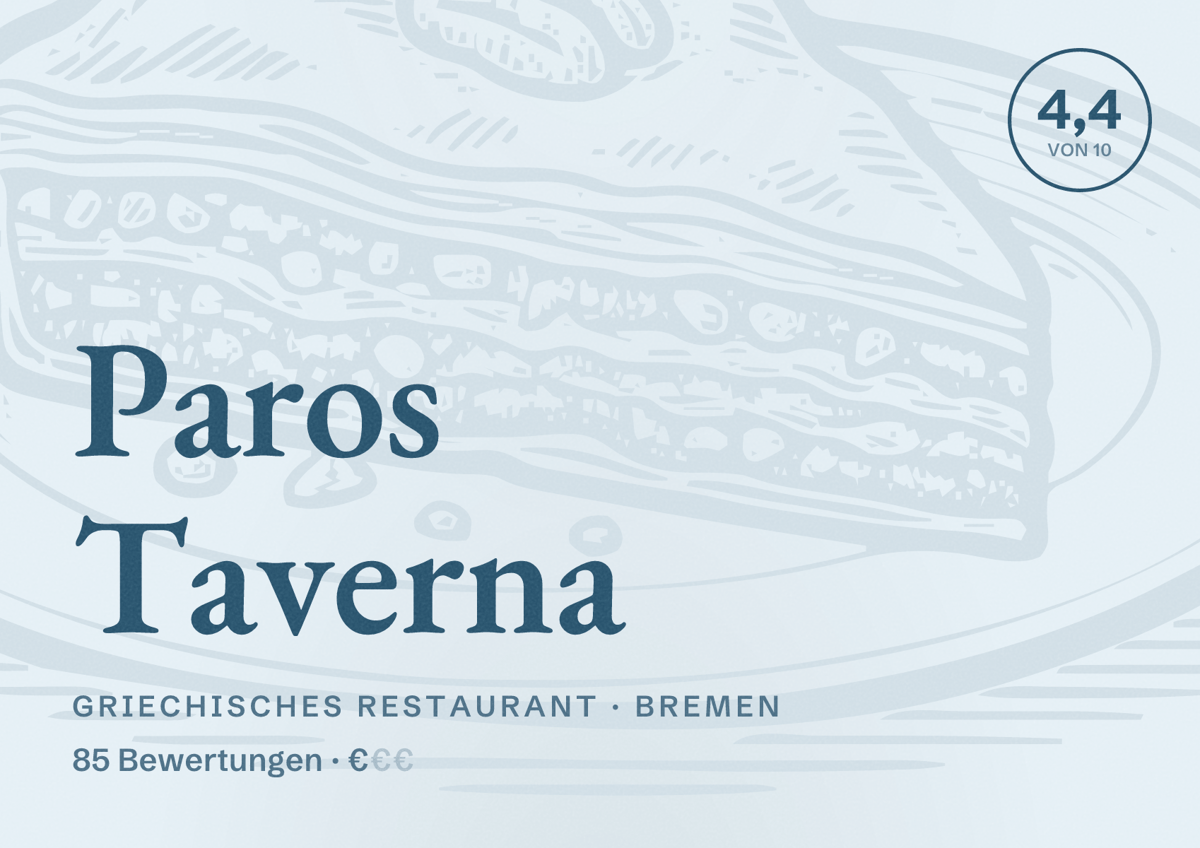 Illustriertes Poster von Paros Taverna, Griechisches Restaurant in Bremen: Bewertung 4,4 von 10 aus 85 Bewertungen, Preisniveau €