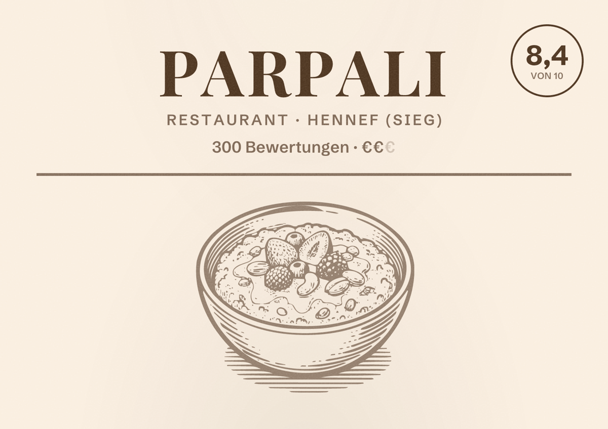 Illustriertes Poster von Parpali, Restaurant in Hennef (Sieg): Bewertung 8,4 von 10 aus 300 Bewertungen, Preisniveau €€