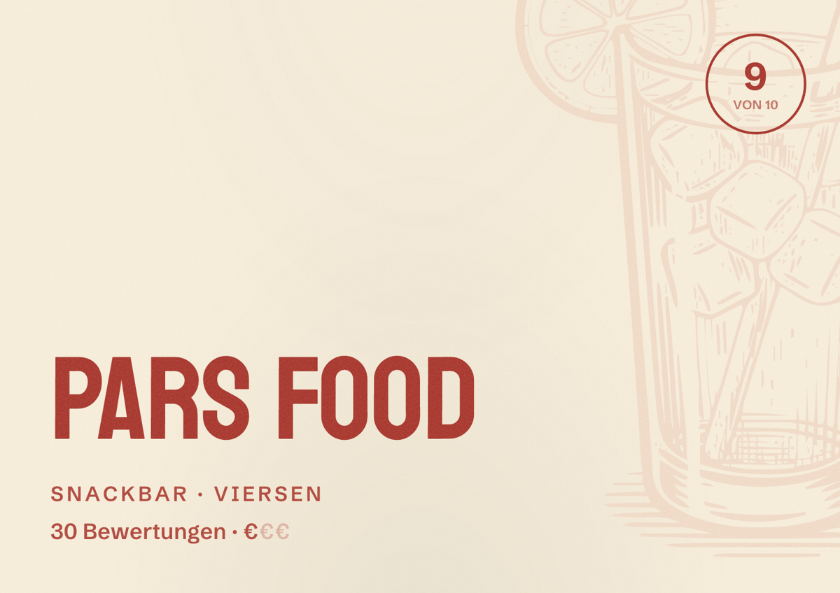 Illustriertes Poster von Pars Food, Snackbar in Viersen: Bewertung 9 von 10 aus 30 Bewertungen, Preisniveau €