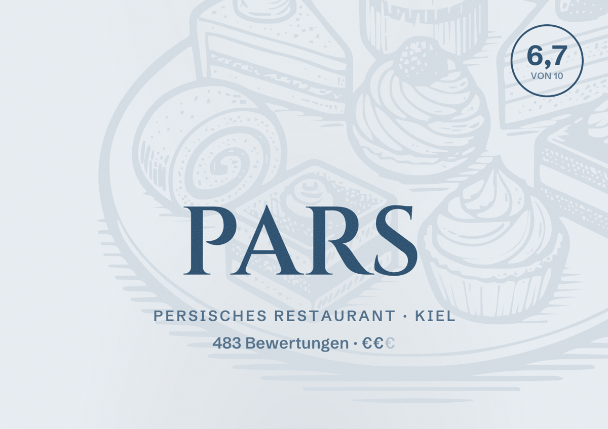 Illustriertes Poster von PARS, Persisches Restaurant in Kiel: Bewertung 6,7 von 10 aus 483 Bewertungen, Preisniveau €€