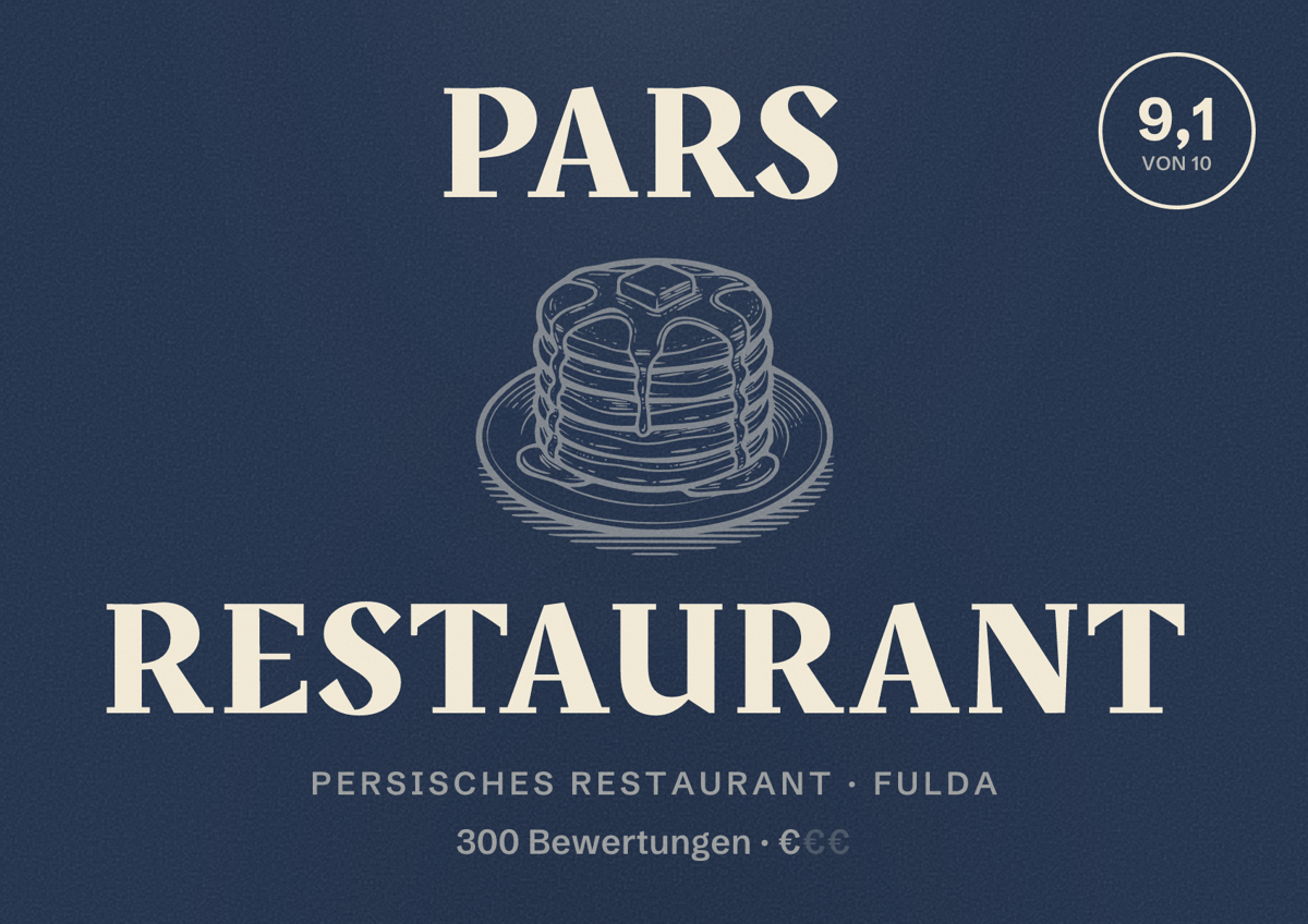 Illustriertes Poster von Pars Restaurant, Persisches Restaurant in Fulda: Bewertung 9,1 von 10 aus 300 Bewertungen, Preisniveau €