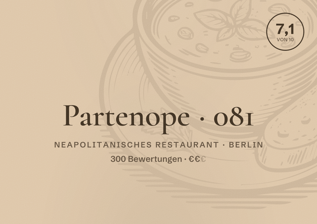 Illustriertes Poster von Partenope 081, Neapolitanisches Restaurant in Berlin: Bewertung 7,1 von 10 aus 300 Bewertungen, Preisniveau €€