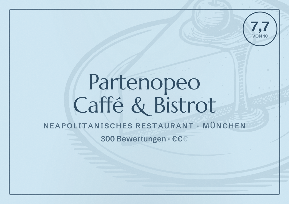 Illustriertes Poster von Partenopeo Caffé & Bistrot, Neapolitanisches Restaurant in München: Bewertung 7,7 von 10 aus 300 Bewertungen, Preisniveau €€