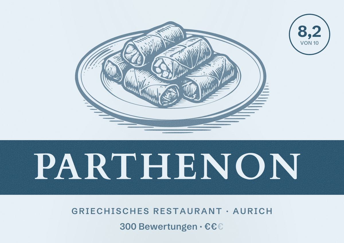 Illustriertes Poster von Parthenon, Griechisches Restaurant in Aurich: Bewertung 8,2 von 10 aus 300 Bewertungen, Preisniveau €€