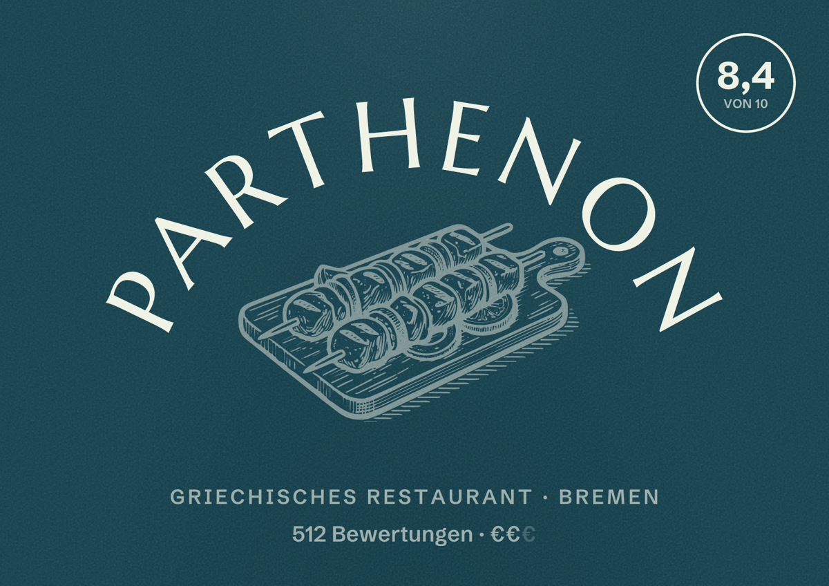 Illustriertes Poster von Parthenon, Griechisches Restaurant in Bremen: Bewertung 8,4 von 10 aus 512 Bewertungen, Preisniveau €€