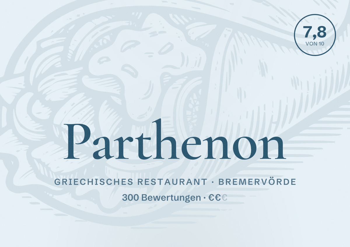 Illustriertes Poster von Parthenon, Griechisches Restaurant in Bremervörde: Bewertung 7,8 von 10 aus 300 Bewertungen, Preisniveau €€