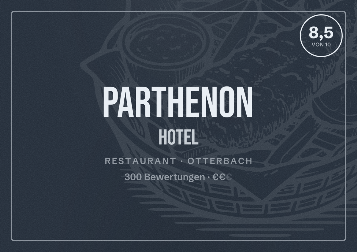 Illustriertes Poster von Parthenon Hotel, Restaurant in Otterbach: Bewertung 8,5 von 10 aus 300 Bewertungen, Preisniveau €€