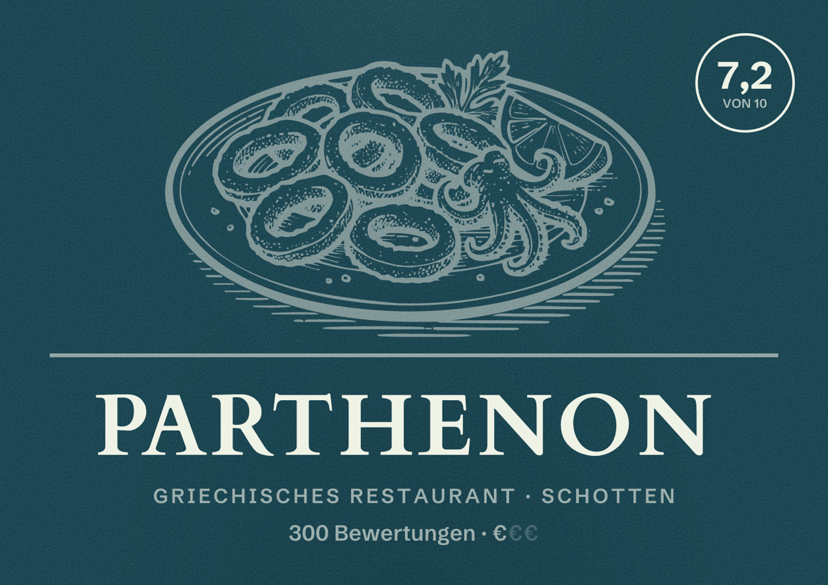 Illustriertes Poster von Parthenon, Griechisches Restaurant in Schotten: Bewertung 7,2 von 10 aus 300 Bewertungen, Preisniveau €